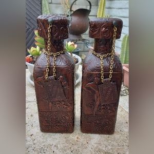 Vintage leather cover liquor decanter set of 2